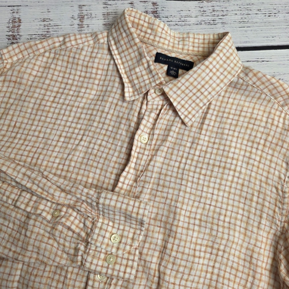 Banana Republic Shirt Men Large 16-16.5 Orange Plaid Linen Long Sleeve Button Up